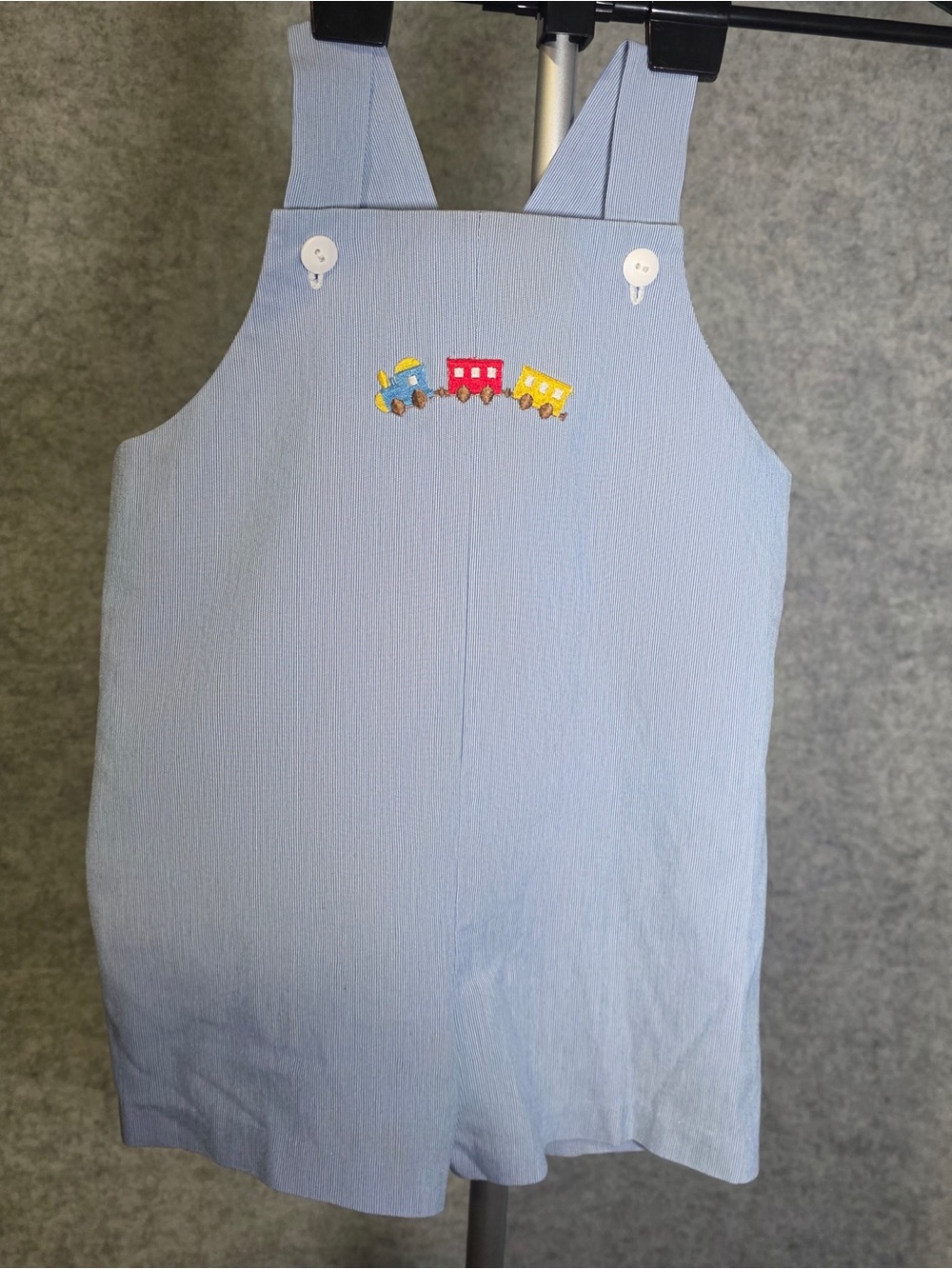 Classic Light Blue Kids Overalls with Train Embroidery Approximately 2T